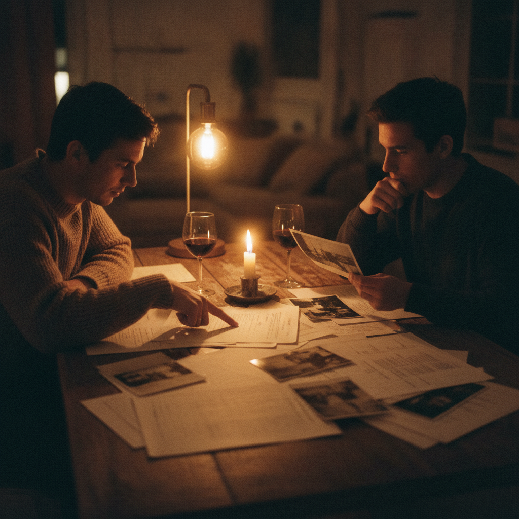 A couple solving a printed murder mystery case file by candlelight