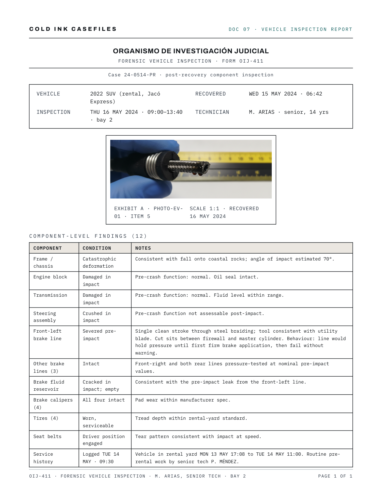 A forensic vehicle inspection report from a printable case file