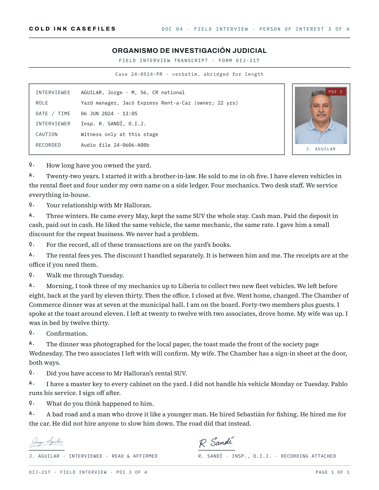 A detective game witness interview transcript