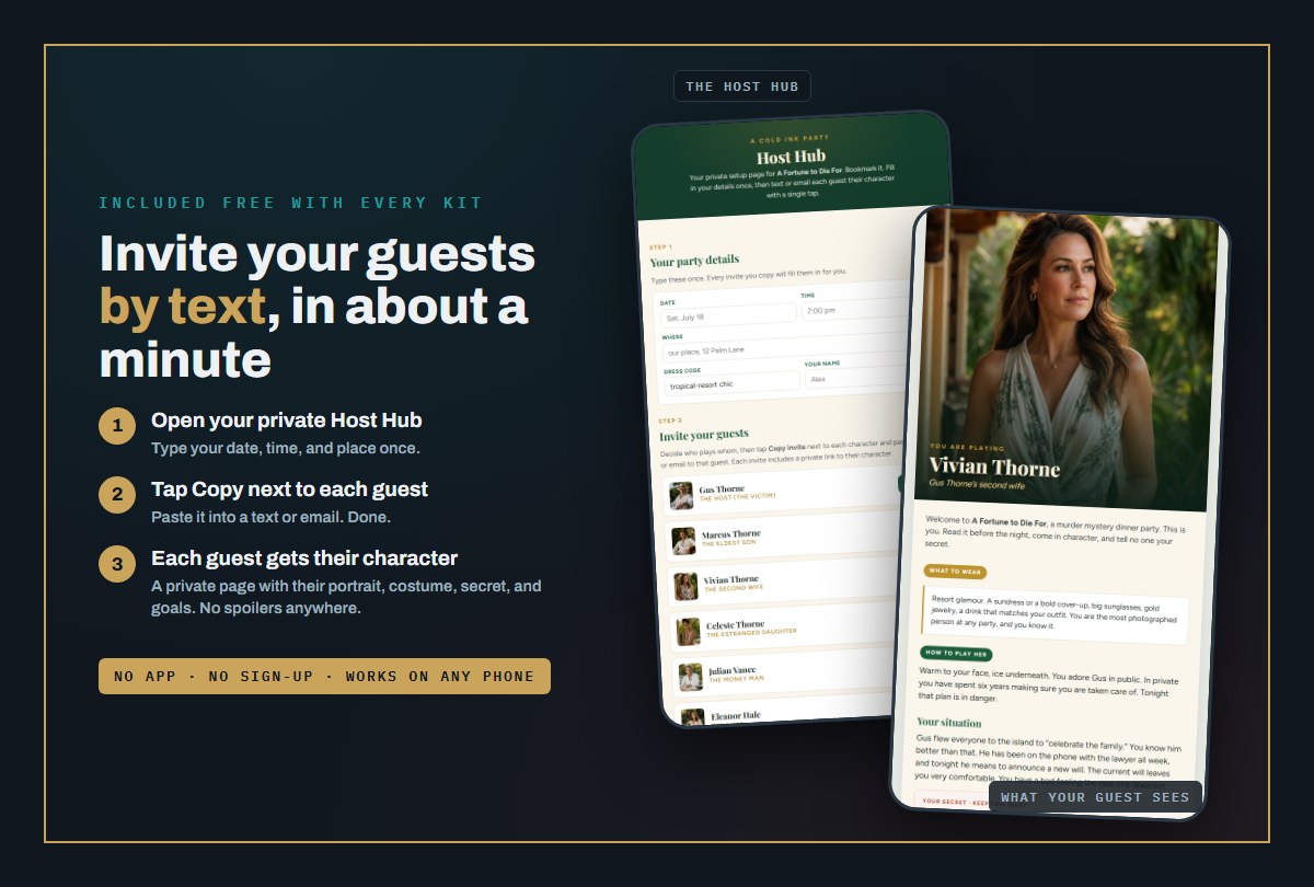 The free online Host Hub: type your party details once, then text each guest a private link to their own character page