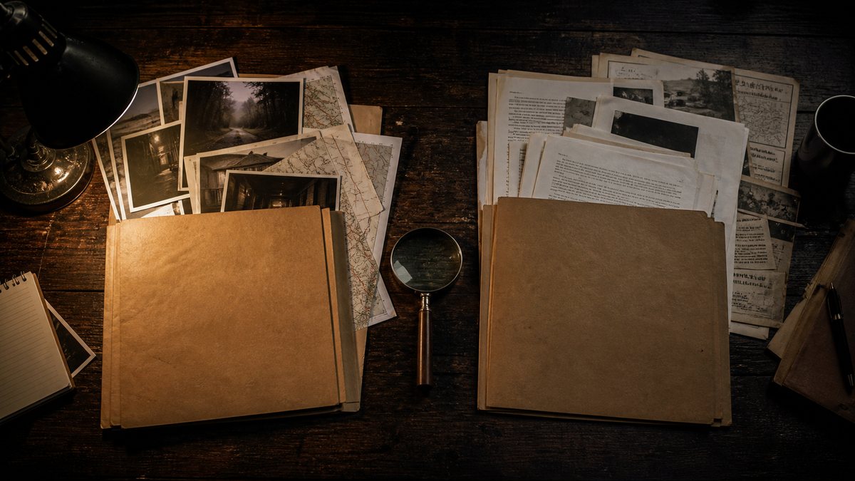 Two murder mystery case file games spread on a desk for comparison