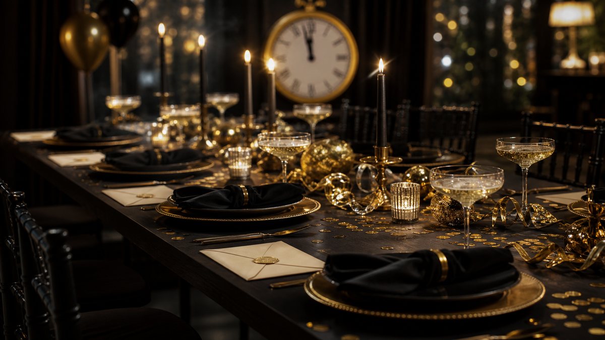 A New Year's Eve dinner table set for a murder mystery party, sealed envelopes at each place