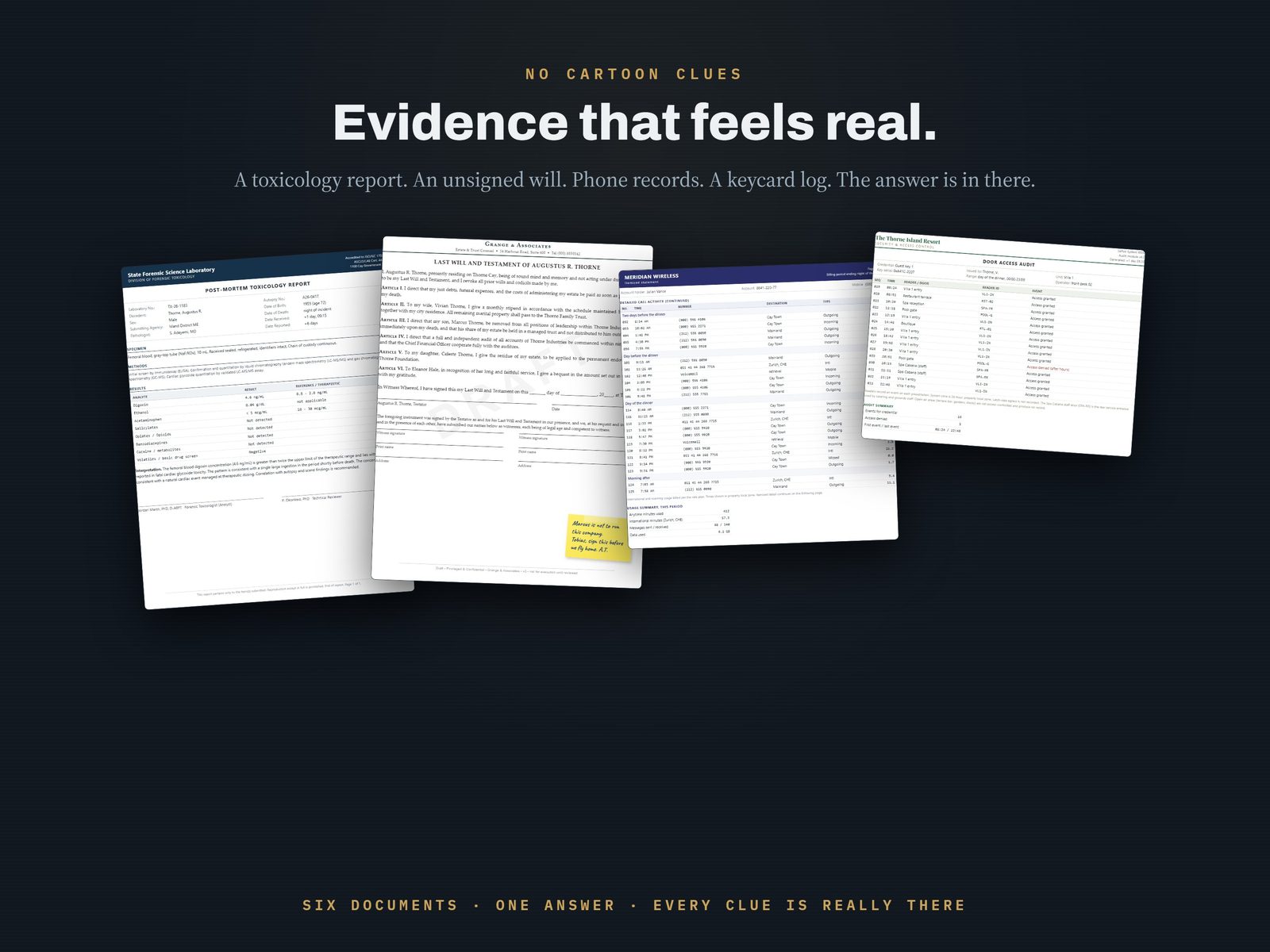 The evidence: a toxicology report, an unsigned will, phone records, and a keycard log