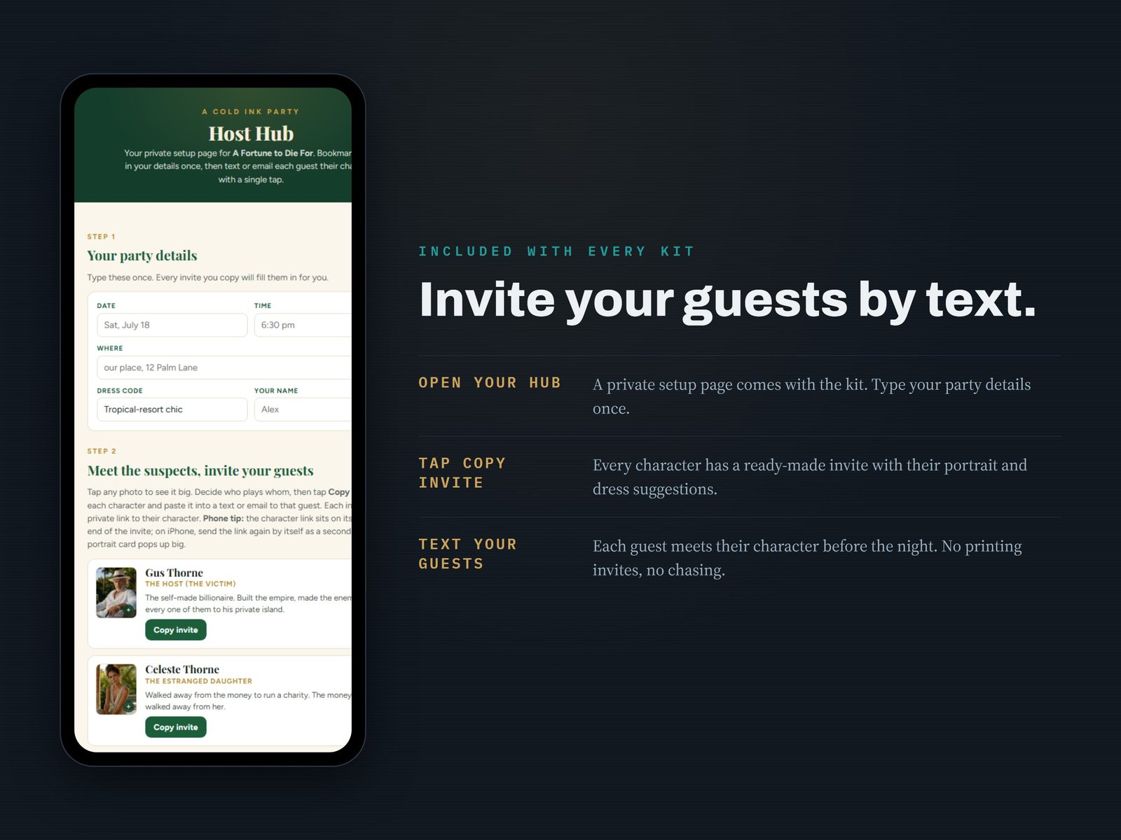 The free online Host Hub: type your party details once, then text each guest a private link to their own character page