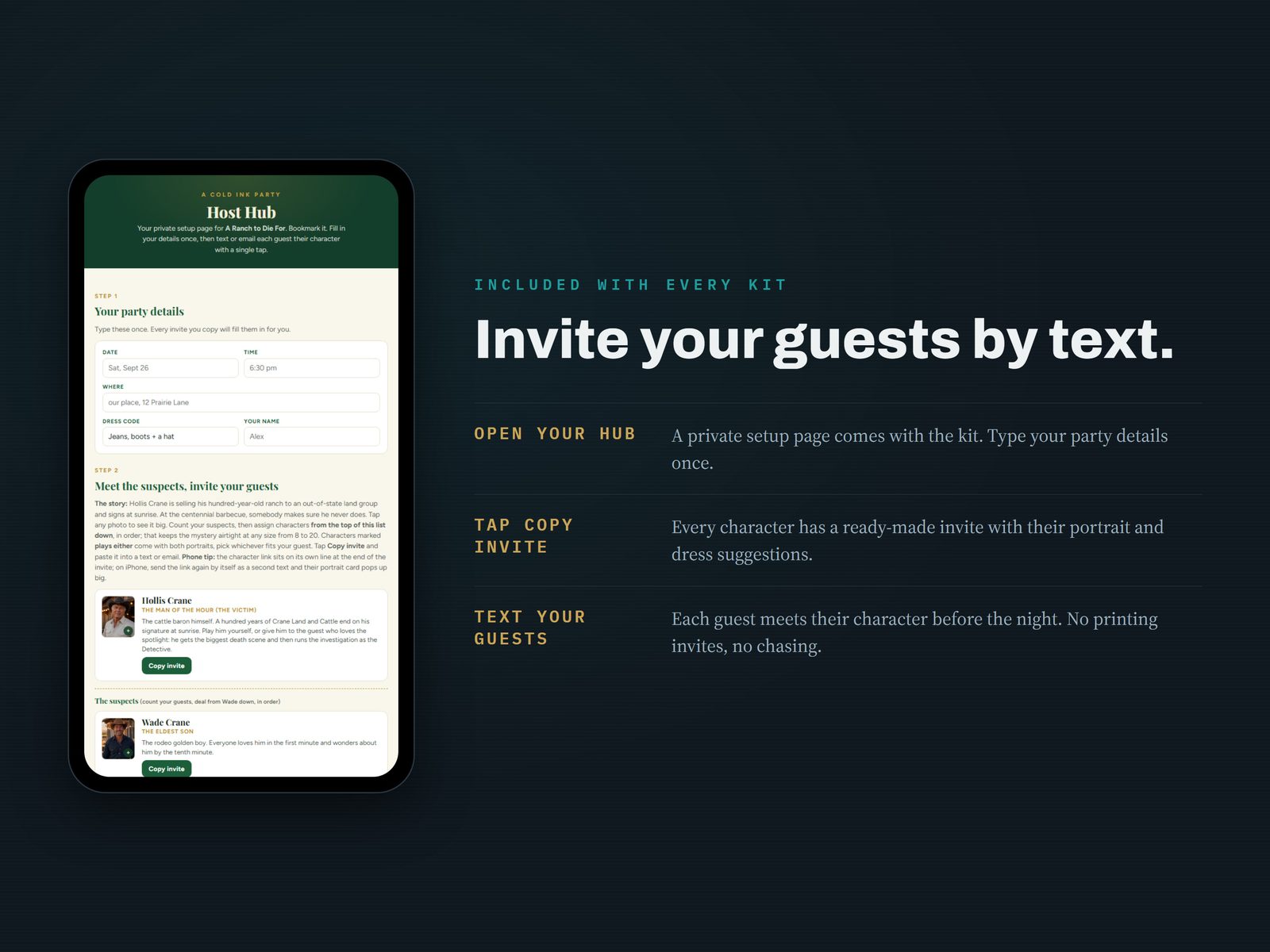 The free online Host Hub: type your party details once, then text each guest a private link to their own character page
